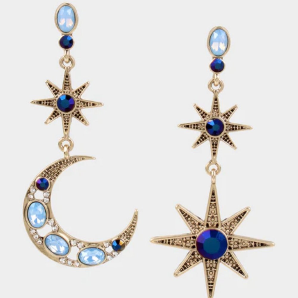 BETSEY Johnson Celestial Star and Moon  Mismatch EARRINGS Blue NWT